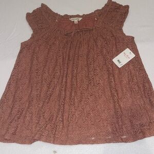 Lucky Brand Lace Flutter Sleeve Blouse - Rose-Rust